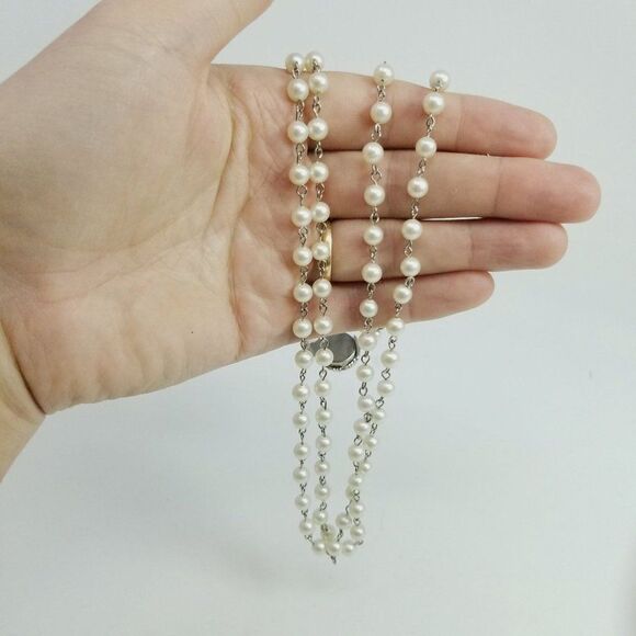 Vintage Two Strand Faux Pearl Necklace, White with Silver Tone Clasp, Classic - Picture 3 of 5